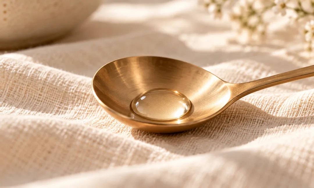 PDRN serum on a gold spoon